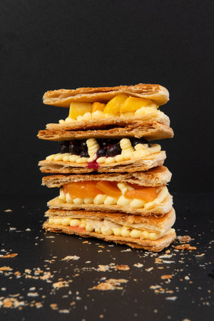 Stack of waffles with fruits on a black background. Close-up.の写真素材