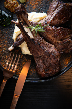 Grilled lamb chops with mashed potatoes and herbs on a black plate