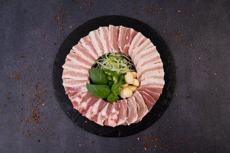 Slices of raw pork with onion and basil on black slate plateの写真素材