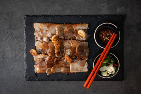 Grilled pork belly served on black slate with soy sauce and chopsticksの写真素材
