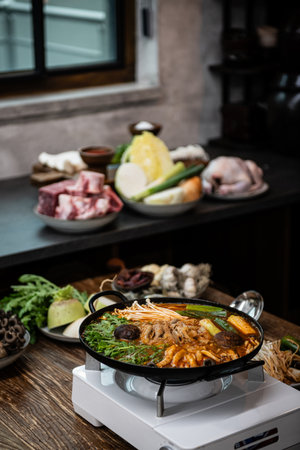Bowl of delicious hot pot with vegetables and meat on the scaleの写真素材