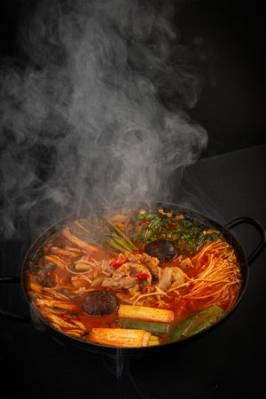 Pork noodle soup in black pot with smokeの写真素材