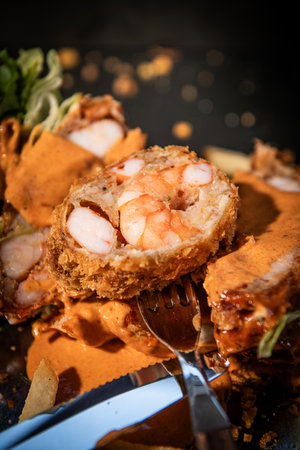 fried prawns with spicy sauce on black background.
