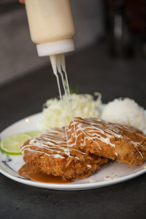 Crispy pork cutlet with rice on plate