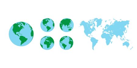 World map with earth globes, editable vector on whiteの写真素材