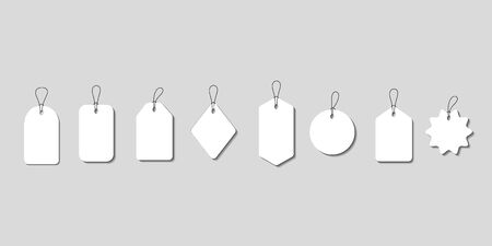 Set blank white paper price tags or gift tags. Paper labels with cord. Set template shopping labels with shadow - stock vector.のイラスト素材