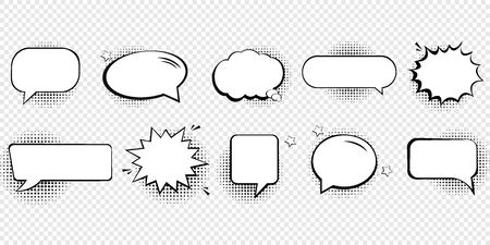 Retro empty comic speech bubbles set with black halftone shadows.のイラスト素材