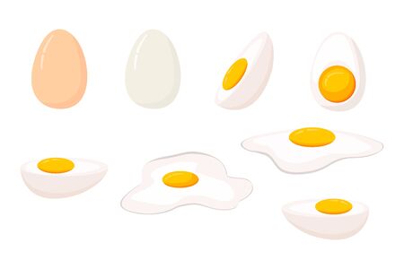 Cartoon egg isolated on white background. Set of fried, boiled, half, sliced eggs. Vector illustration. Eggs in various forms.のイラスト素材