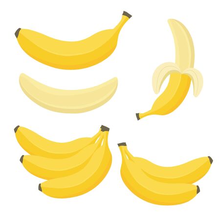 Cartoon bananas. Peel banana, yellow fruit and bunch of bananas. Tropical fruits, banana snack or vegetarian nutrition. Isolated vector illustration icons setのイラスト素材