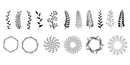 vintage set of hand drawn tree branches with leaves and flowers on white backgroundのイラスト素材