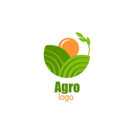 Agro logo for vegan food or company. Green fields and orange sun. vectorのイラスト素材
