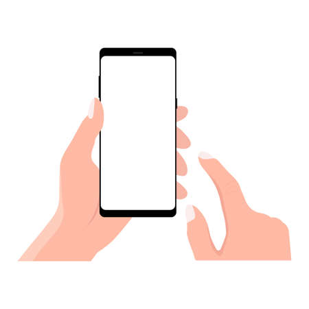 Hand holding black smartphone, touching blank white screen. Using mobile smart phone, flat design concept. Eps 10 vector illustrationのイラスト素材