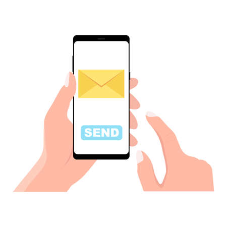 Hand holding phone with message envelope. finger touch screen. Sending message concept. Vector flat cartoon illustration for web sites and banners design.のイラスト素材