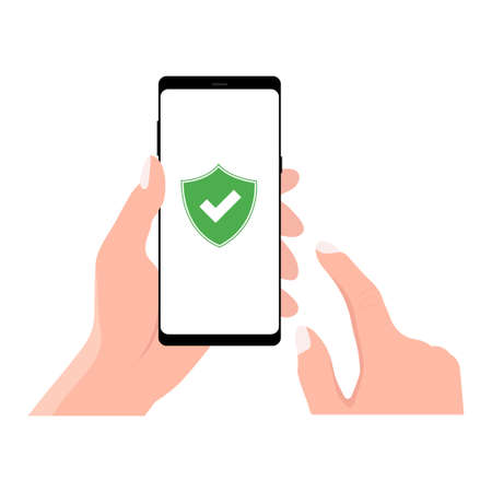 Green Shield smartphone screen. Hand holds the smartphone and finger touches screen. Modern flat design illustration.のイラスト素材