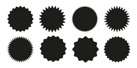 Set of vector starburst, sunburst badges. Black icons on white background. Simple flat style vintage labels, stickers.のイラスト素材