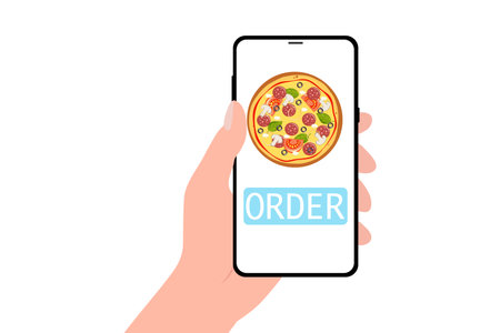 Order pizza online. Hand holding smartphone with pizza icon on screen. Vector illustration in flat styleのイラスト素材