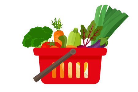 Shopping basket full of fresh vegetables. Vector illustration in flat styleのイラスト素材