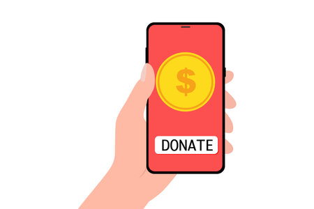 Hand holding smartphone with donation app on screen. Vector stock illustration.のイラスト素材