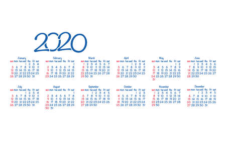 Calendar 2020 year. Black and white vector template. Week starts on Sunday. Basic grid. Pocket square calendar. Ready designのイラスト素材