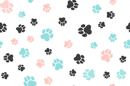 Doodle dog paw seamless background. Black, blue, pink paw track.のイラスト素材