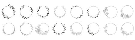 Set of hand drawn floral wreaths. Black and white vector illustration.のイラスト素材