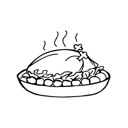 Roasted turkey on a plate. Vector illustration in doodle style.のイラスト素材