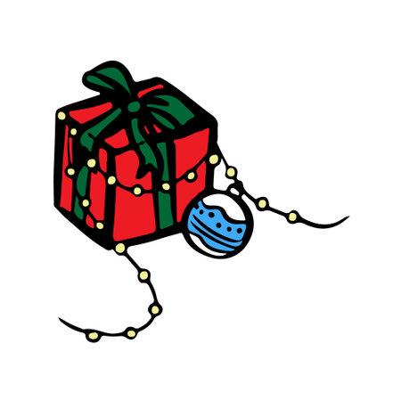 Gift box with a bow and a Christmas ball. Vector illustration.のイラスト素材