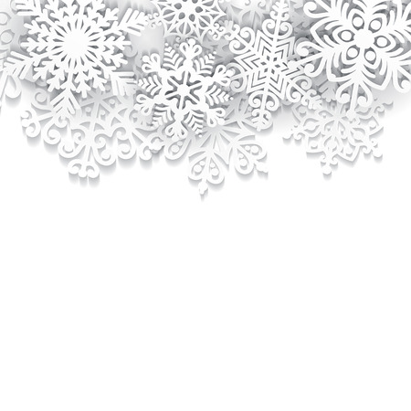 Vector illustration abstract Christmas background with volumetric snowflakes. Winter paper art design. 3D snowflakes with shadow. Xmas and new year card template isolated on white, clipping mask usedのイラスト素材