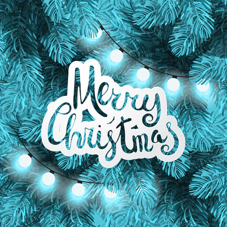 Christmas lights on pine branches. Garland lights decorations and spruce fir tree. Winter Holiday xmas  backdrop. Christmas tree branches card templateのイラスト素材