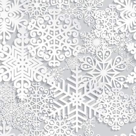 Christmas and New Year seamless pattern with white paper snowflakes. Winter seasonal holidays background. 3D paper art backgroundのイラスト素材