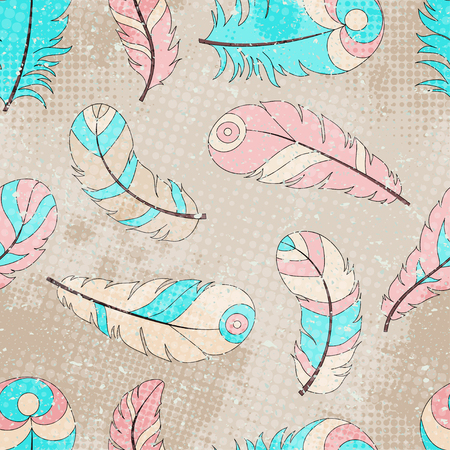 Seamless tribal pattern with colored feathers in grunge style with scribbles and halftone dots, boho styleのイラスト素材
