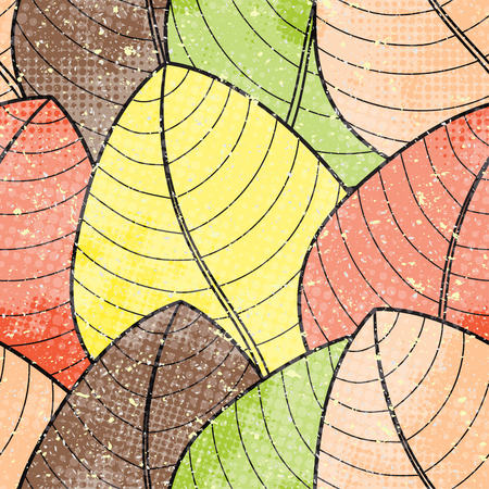 Vector vintage seamless pattern. Background with doodle autumn leaves with halftone dits in grunge style.のイラスト素材