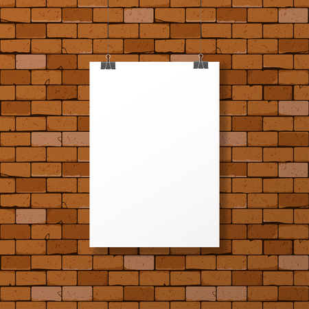 One hanged horizontal paper sheet frame with clips on weathered red brick wall background. Can be used as mockupのイラスト素材