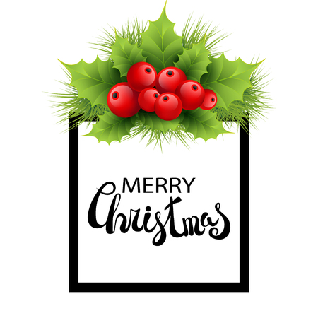 realistic holly and fir tree branches Christmas ornament. Holly green leaves and red berries isolated on white background. Merry Christmas calligraphy textのイラスト素材