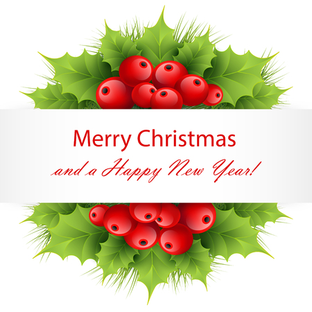 Xmas decoratoions with red holly berries and leaves, fir tree branches isolated on white with banner with Merry Christmas and a Happy New Year textのイラスト素材