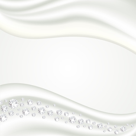 White smooth satin silk fabric waves with sparkling precious gems. Soaring white diamonds. Modern backgroundのイラスト素材