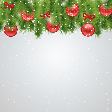 Christmas blue background with fir branches and balls with ornament, bow, sparkling lights, snowflakes. Isolated on white.のイラスト素材