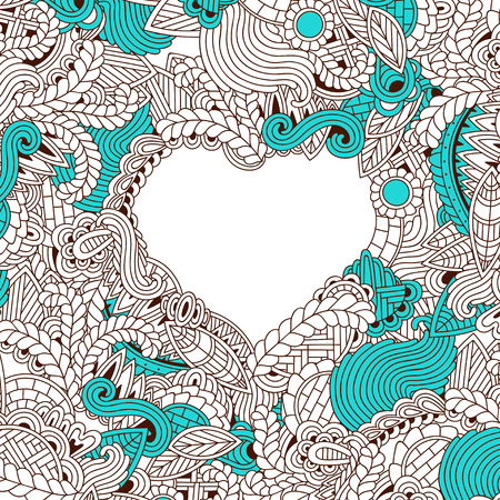 Zendoodle design of heart shape on abstract line art background design for background,wedding card,design element with leaves and wavesのイラスト素材