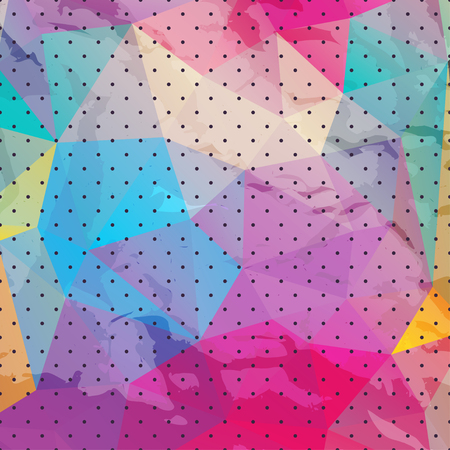 Colorful geometric background with triangles with crumpled paper texture and polka dott patternのイラスト素材