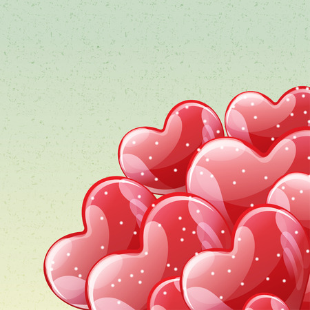 holiday illustration of bunch of red glossy helium balloons, heart shape. Happy Valentines Day. Festive decoration. Balloon Hearts.のイラスト素材