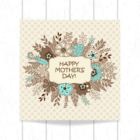 Greeting card design for Mother's Day with flowers, leaves and berries on dotted backgroundのイラスト素材