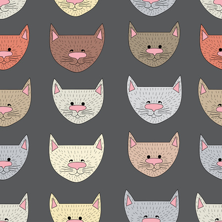 Seamless pattern of cute cartoon smiling cats in different colors. Cat's heads hipster backgroundのイラスト素材