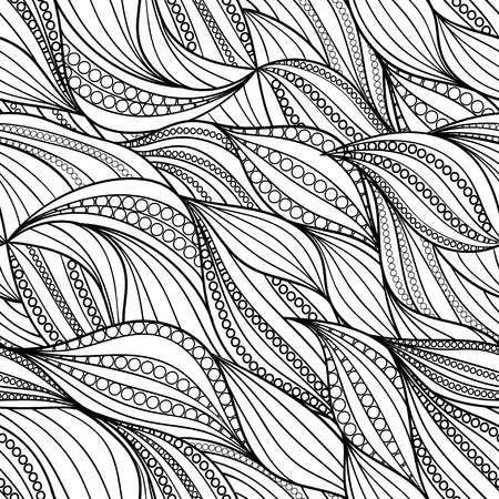 Seamless abstract hand-drawn waves pattern, wavy monochrome background. Wavy stripes with dots or bubblesのイラスト素材