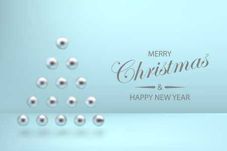 Abstract glossy Christmas tree made of silver metallic sphere geometric shapes. New year and xmas decoration concept. 3d minimal pastel colored backgroundのイラスト素材