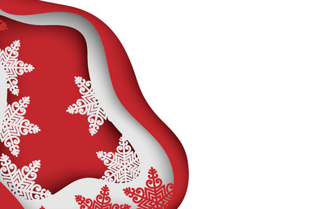 Paper art winter background with white and red paper snowflakes. Merry Christmas and new year greeting card. Modern wavy 3d deep paper art styleのイラスト素材