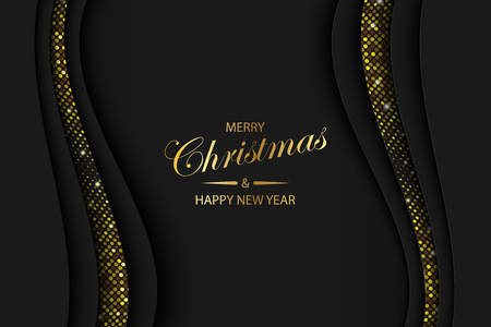 Deep paper art cartoon black abstract waves. Christmas and new yeaar paper carve background. Modern origami design template. Vector illustration. 3d paper layers, waves with golden halftone dotsのイラスト素材