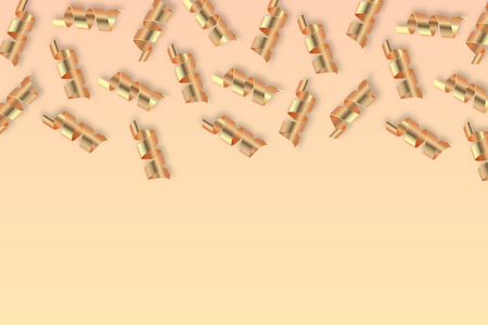 Golden gift serpentine festive background. Curly metallic gold  ribbons, celebration party elements for your holiday design. Pastel colored 3d vector wallpaperのイラスト素材