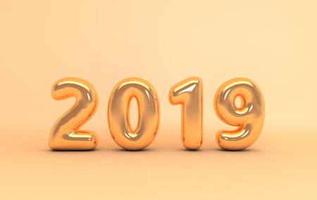 New year 2019 celebration background. Gold metallic numerals 2019, patel beige studio room . Trendy illustration for New Year's and Christmas banners. 3d rendering.の写真素材