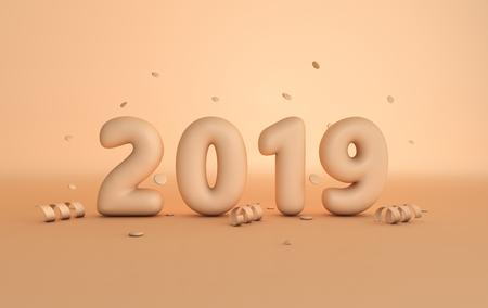 New year 2019 celebration background. Matt plastic beige numerals 2019, floating confetti and ribbons, pastel colored studio room. Realistic trendy illustration for New Year's and Christmas banners. 3d rendering.の写真素材