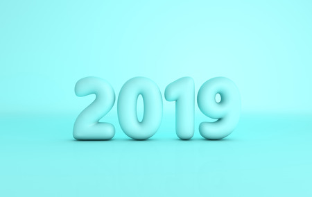 New year 2019 celebration background. Matt plastic turquoise numerals 2019, pastel colored studio...